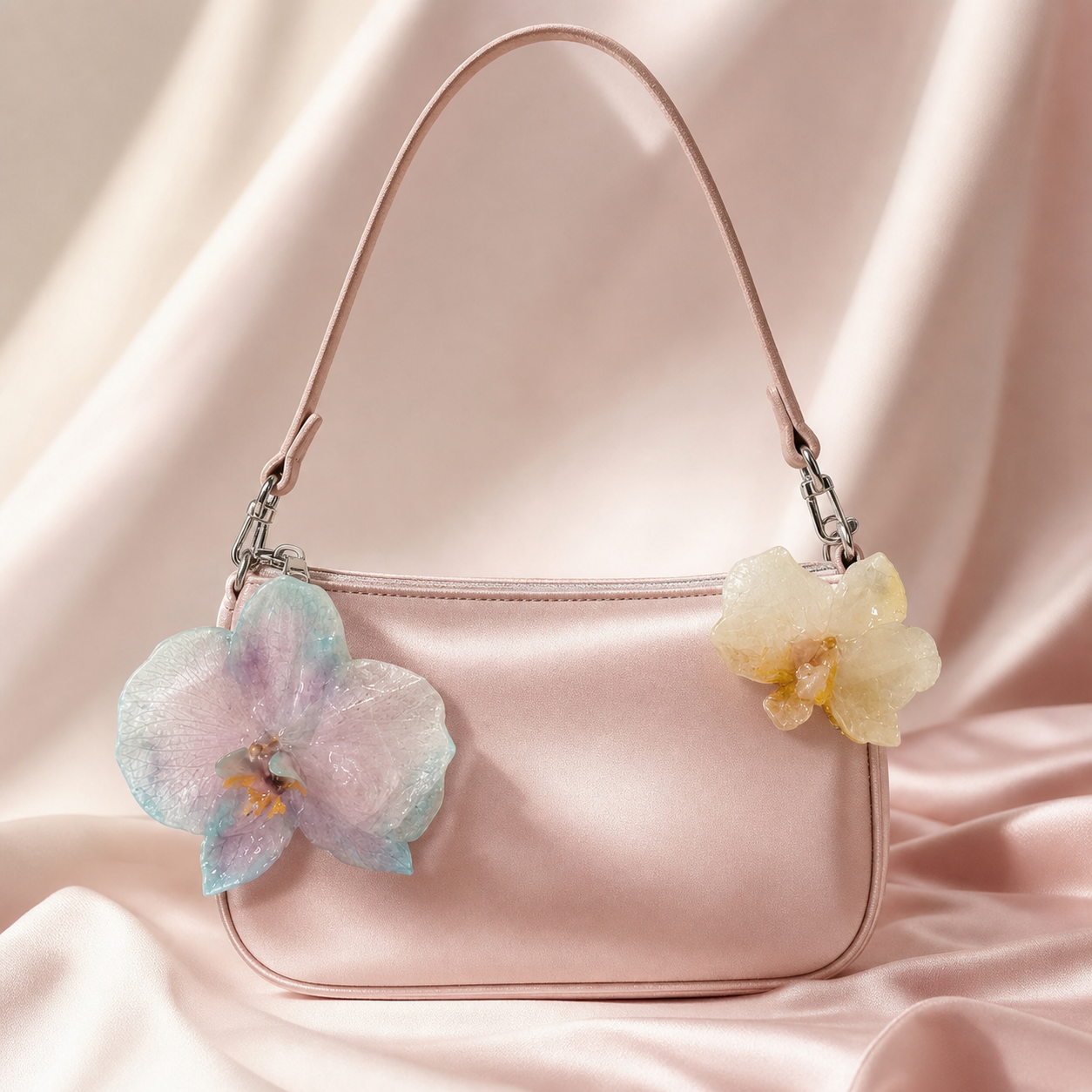 Orhidee VELVET purtate ca accesorii pentru geantă