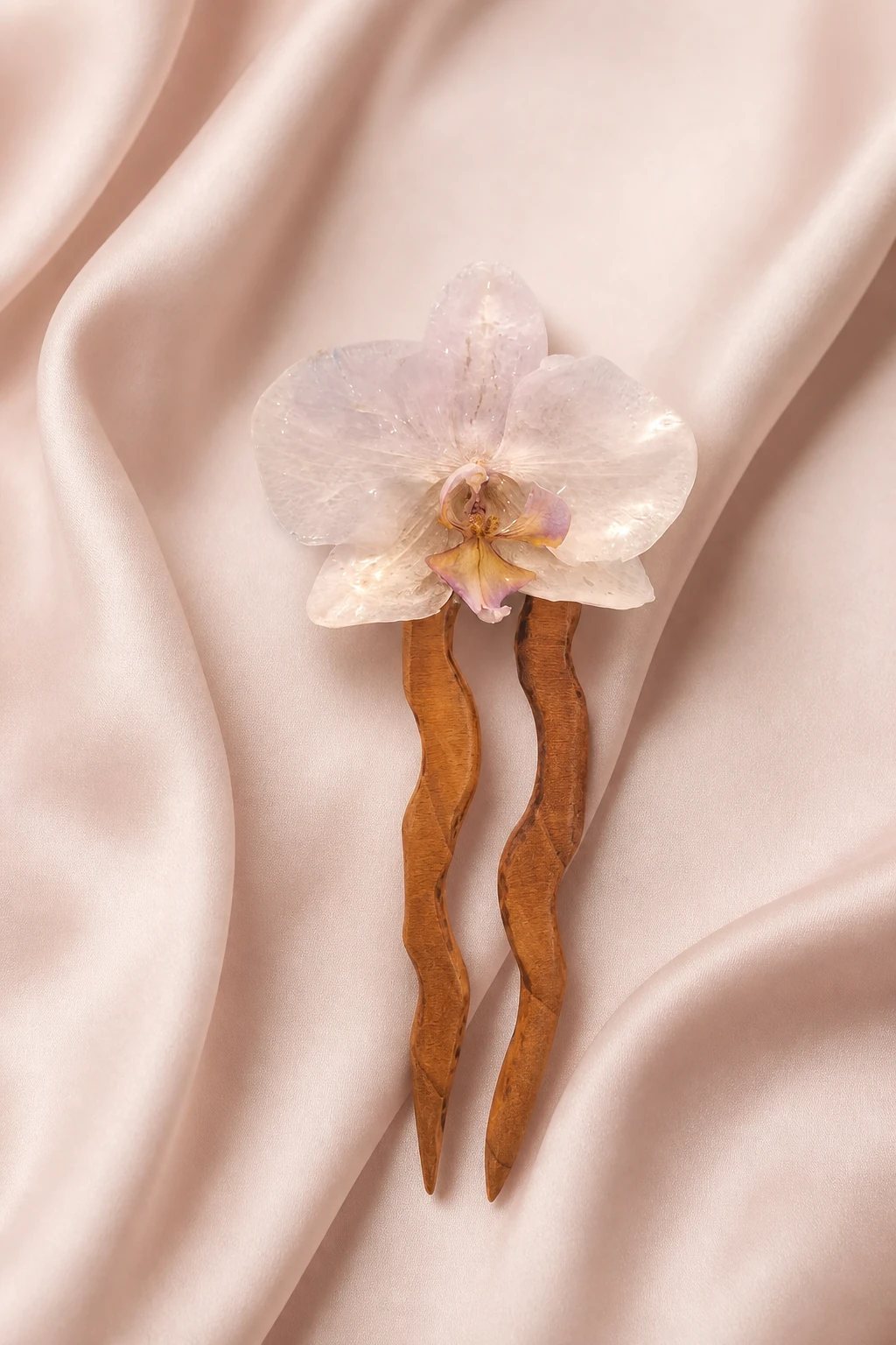Blush Ribbon on a sculptural wooden hair fork